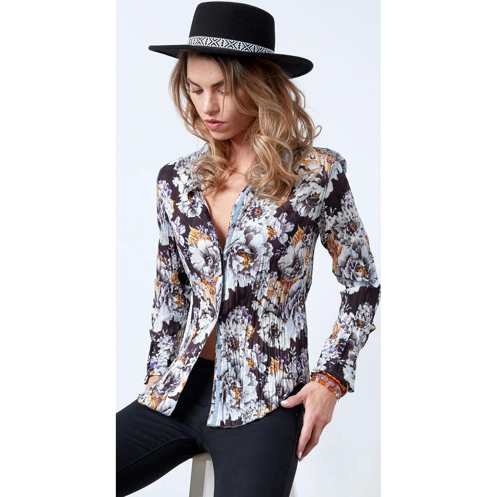 Cino Smokey Bouquet Button Down Shirt 100% Cotton Crinkle Voile Floral SZ Small
